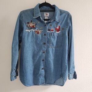 Vtg Nutcracker Women's Medium Christmas Denim Button Down Shirt Santa Reindeer